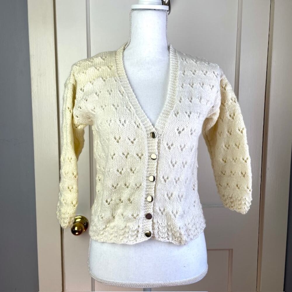 Hand Knit Cream Yellow Cardigan Sweater  S M Heart Eyelet Cottagecore Baby Doll